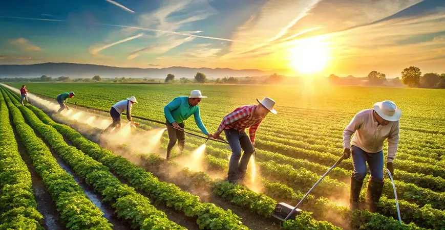 Innovative farming under the golden sunrise, advancing modern agriculture with care.
